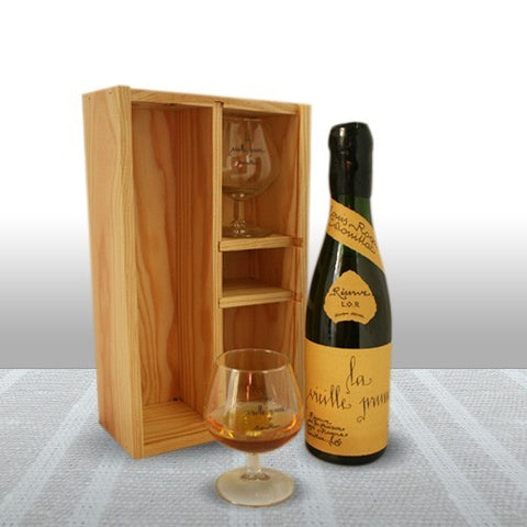 Coffret bois eau-de-vie de prune de souillac - 35cl + 2 verres