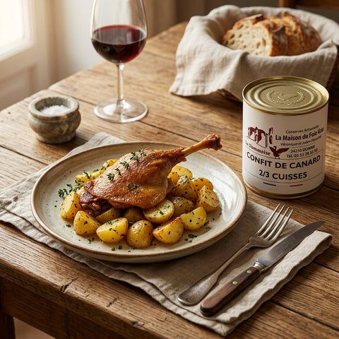 Une assiette de cuisse de canard confite croustillante avec des pommes de terre rissolées aux herbes, sur une table en bois rustique, accompagnée d'un verre de vin, de pain et d'une boîte de conserve de confit de canard.