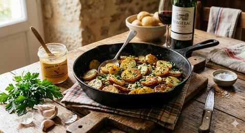 Disposée sur une table de cuisine, les pommes de terre cuisinées à la Sarladaise sont préparées dans une poêle pour un repas convivial et gourmand