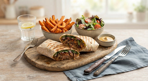 Une photo appétissante de style bistrot mettant en scène un wrap au confit de canard coupé en deux sur une planche en bois, accompagné de frites de patate douce et d'une salade fraîche.
