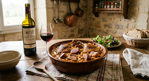 Une cassole garnie d'un généreux cassoulet aux cuisses de canard confites, un verre de vin l'accompagne le tout dressé sur une table de cuisine