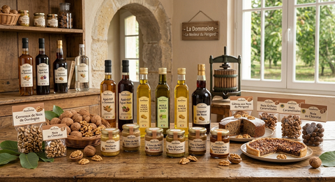 Disposé dans une cuisine du Périgord, la noix se décline sous toutes ses formes, huile, moutarde, confiture, apéritif, liqueur, sucrées ou salées