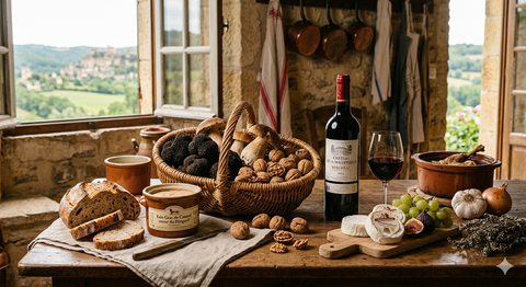 On retrouve disposé sur une table, le foie gras de canard, la truffe noire du Périgord, les noix, les vins de Bergerac, des cèpes et fromage de chèvre