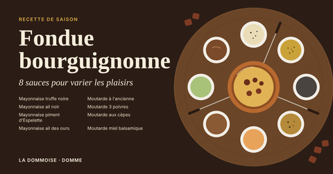 Fondue bourguignonne : illustration d’un caquelon entouré de huit sauces, guide La Dommoise.