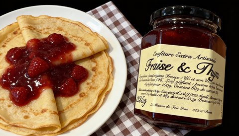 Confiture de fraise sur des crêpes avec le pot à côté