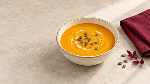 Bol de velouté de potiron onctueux garni de graines de courge