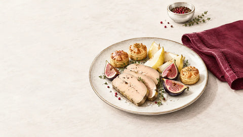 Assiette de foie gras accompagnée de figues, poire et feuilletés