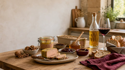 Sélection élégante de produits d’épicerie fine du Périgord sur une table française