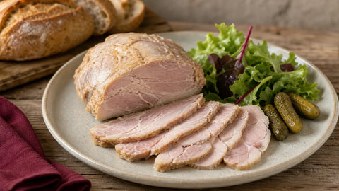 Anchaud du Périgord servi en tranches avec salade et cornichons