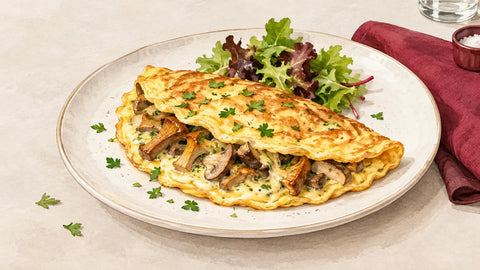 Omelette généreuse et baveuse aux cèpes dorés