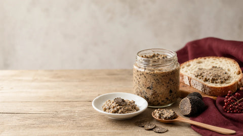 Bocal de spécialité truffée et ingrédients du Périgord sur une table élégante