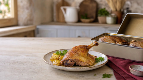 Boîte de confit de canard et cuisse dorée servie avec des pommes de terre du Périgord