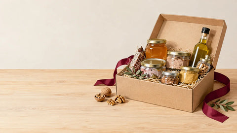 Coffret cadeau ouvert garni de spécialités régionales