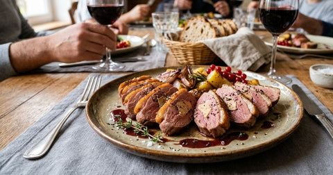 Tranches de rôti de magret farci au foie gras, nappées de sauce, avec pommes de terre rôties sur une table de fête