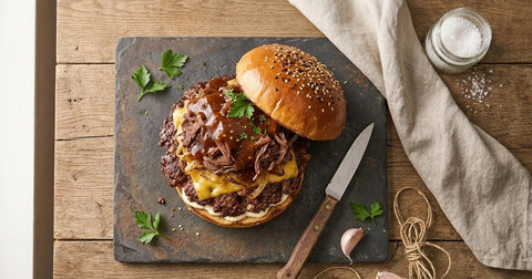 Smash burger au canard effiloché nappé de sauce, cheddar fondu et oignons, sur une ardoise