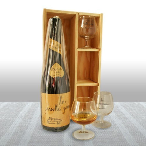 Coffret bois 3 verres - eau-de-vie de prune de Souillac - Louis Roque - 70cl + 3 verres