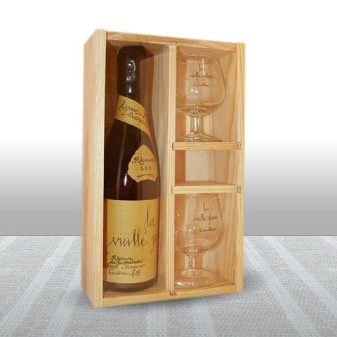 Coffret bois eau-de-vie de prune de souillac - 35cl + 2 verres