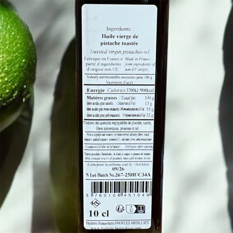 Ingrédients & Valeurs nutritionnelles Huile vierge de pistache toastée - 10 cl - La Dommoise