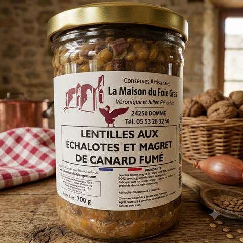 Lentilles aux échalotes et Magret de canard fumé -  La Dommoise